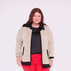 CAbi Mascot Cardigan Black white tan striped Knit Sweater